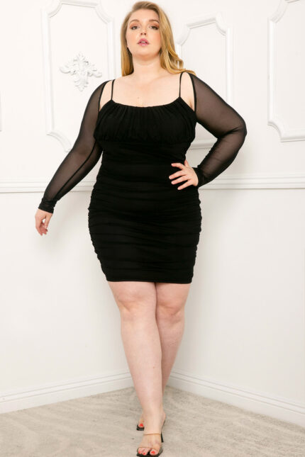 Ruched Bust Mesh Sleeve Bodycon Mix Dress