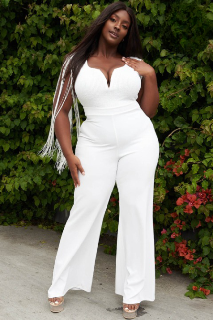 Sequin Top with Fringe Padded Sleeve Jumpsuit